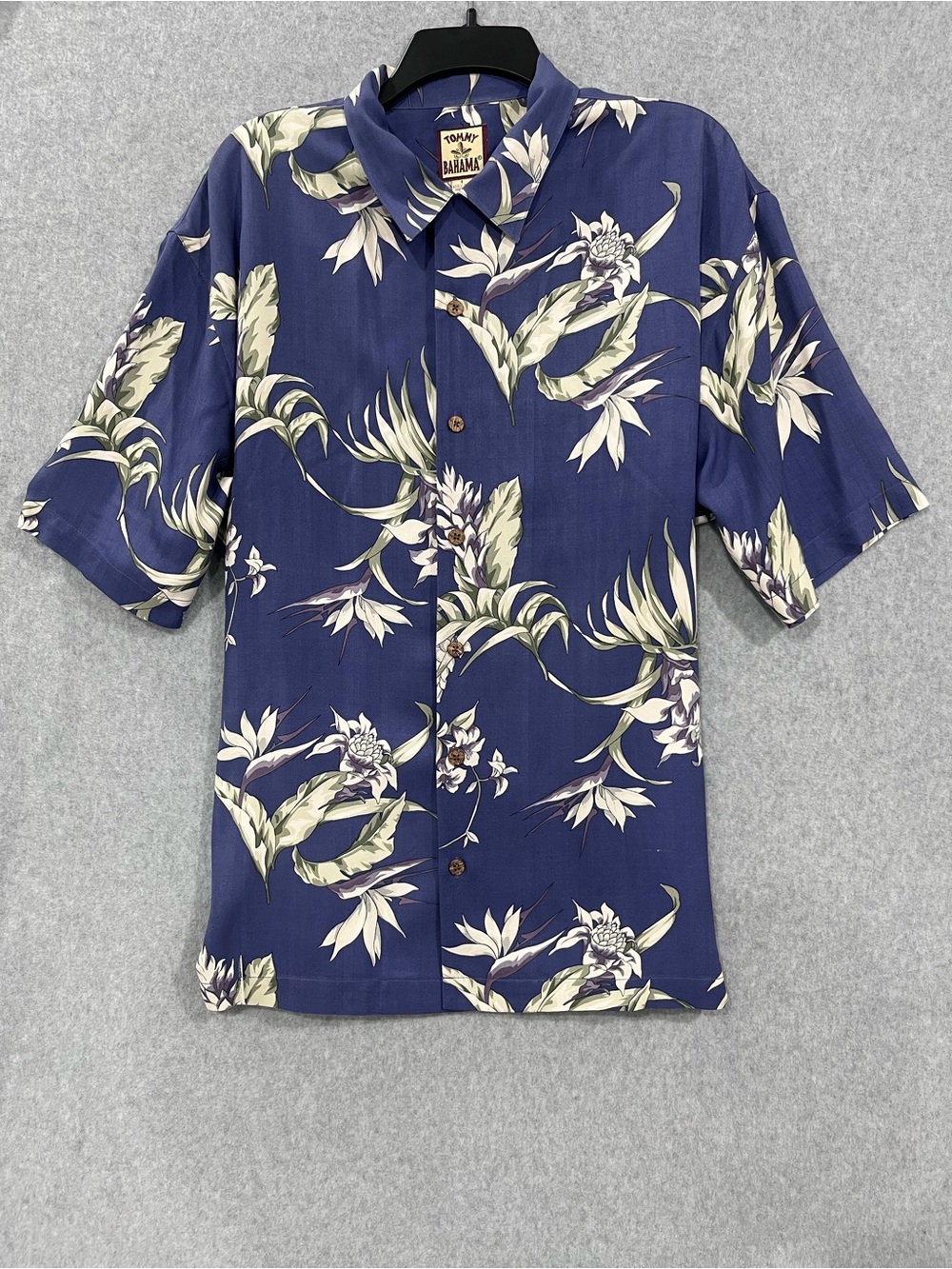 Tommy Bahama Hawaiian Camp Blue Shirt 100% Silk Men's Size Large Palm Leaves